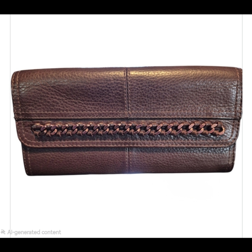 B. Makowsky Brown Leather Wallet or Clutch Organizer With Copper Chain Hardware